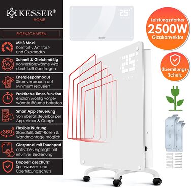 Електричний конвектор KESSER® з Wi-Fi керуванням та пультом дистанційного керування | 2500 Вт | Скло | Настінний/Підлоговий | LCD-дисплей, таймер, сенсорне управління