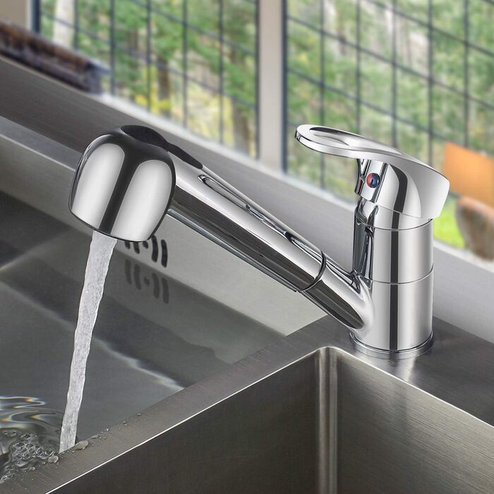 Змішувач кухонний висувний BONADE з подвійною виливом, поворотний на 360°, для кухні, з однією ручкою, хром