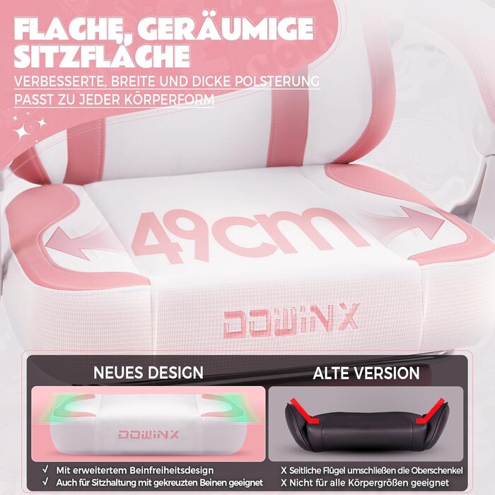 Ігровий крісло Dowinx з підніжкою, рожевий, для дорослих, з дизайном котячих лапок, ергономічний, для ПК