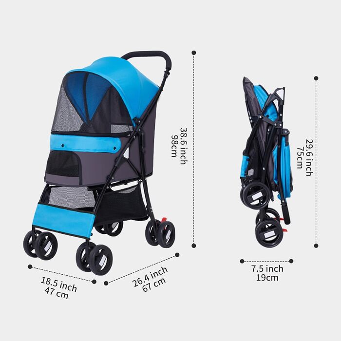 Дитяча коляска Sunny Sonny для дітей та домашніх тварин з вітрозахистом, кошиком для зберігання та переноскою для собак та котів до 22,7 кг (Блакитна)