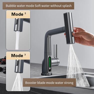Кухонний змішувач з витяжною лійкою та душем, 3 режими, LED-індикатор температури, однорідний, поворотний на 360°, для кухні, високого тиску, регульована висота (сірий)