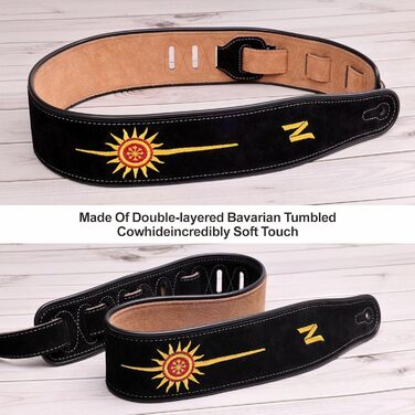 Гітарний ремінь Nefelibata з вишивкою 'n', 2.7', з баварської шкіри, з шампуруванням, для акустичної, бас та електрогітари (Золоте Сонце)