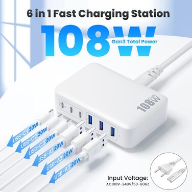 Зарядний пристрій USB C 108W GaN III, 6 портів: PD + QC для iPhone 16/15, iPad, AirPods, Samsung, Switch - Білий