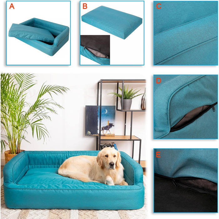 Dog bed, pet furniture, cat bed, removable cover, dog basket, dog cushion, dog lounger, sleeping places, dog sofa, XL: 96x62 cm (S: 78x47 cm, Blue)