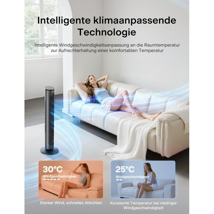 Турбовентилятор Pelonis Leiser - чорний, 106 см, 4.2 м/с, з пультом ДУ, 9-годинний таймер, 4 режими, 5 швидкостей, SMART-режим, LED-дисплей для спальні/офісу