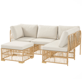 **Набір садових меблів Outsunny Ecklounge з ротангу: кутовий диван, крісло, пуф та подушки для 5 осіб.**

*Опис:* Чудовий набір для відпочинку на вашому балконі, терасі або в саду. Міцний та стійкий до погодних умов, цей комплект з ротангу включає кутовий диван, зручне крісло, пуф та м'які подушки для комфортного відпочинку до 5 осіб. Ідеальне рішення для створення затишної зони відпочинку на відкритому повітрі.  Матеріали: ротанг, натуральне дерево, кремово-білі подушки. Бренд: Aosom.