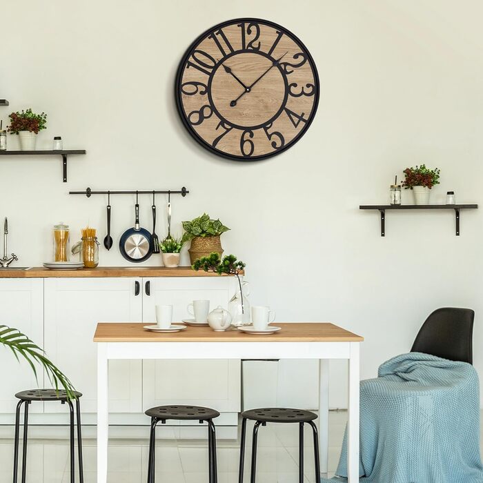 Large Wall Clock Without Ticking, 50 cm / Silent Wood Vintage Wall Clock Retro Battery Powered Modern For Living Room Bedroom, Kitchen, Farmhouse, Office Decoration (14 inch, Black Metal - Arabic Numerals)