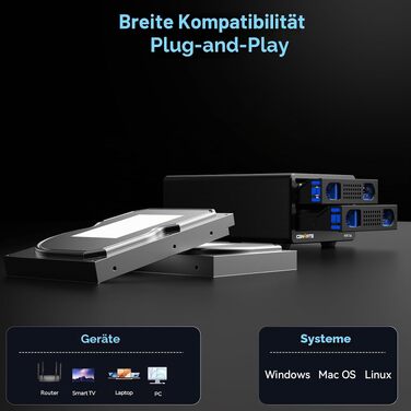Зовнішній корпус для HDD/SSD CENMATE 802TC, 2 слоти 2.5/3.5 SATA, 10Gbps, USB 3.2 Type-A/C, з охолодженням та Hot Swap