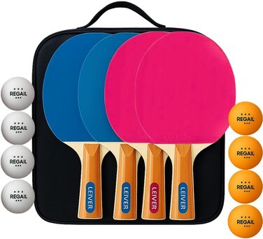 Набір для настільного тенісу Leijiaer: 4 преміум ракетки (2 сині, 2 рожеві), 8 м'ячів та сумка - професійні ракетки для гри в приміщенні та на вулиці, підійдуть дітям та дорослим