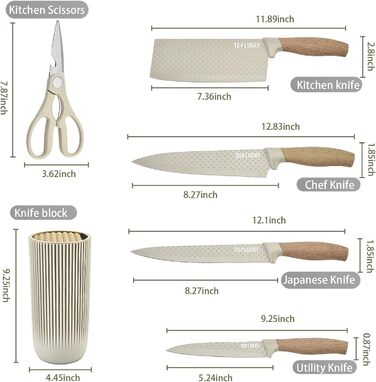 Набір кухонних ножів, 6 предметів: гострі ножі з нержавіючої сталі з антипригарним покриттям, набір для кухні з підставкою (Хакі)