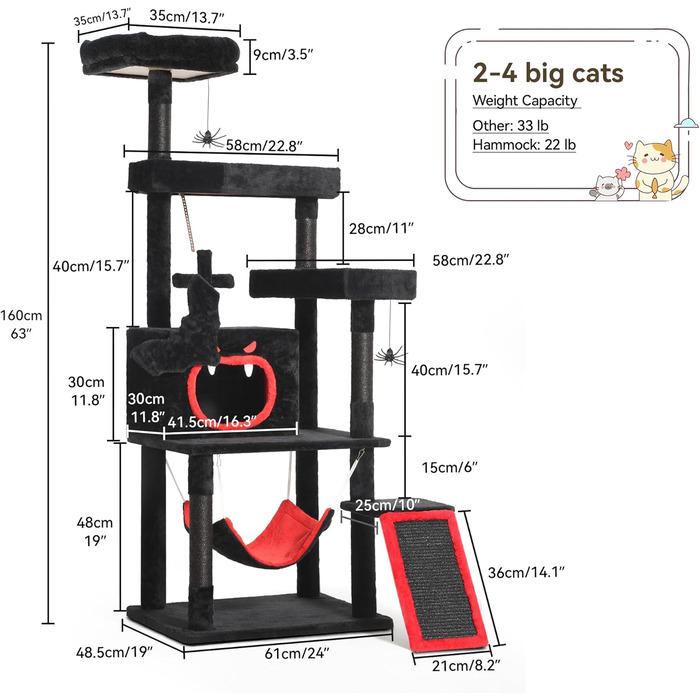 Кігтеточка YITAHOME Готичний XL, 160 см, велика та стійка, з 4 колонами з сизалю, 1 дощечкою для шліфування, гамаком, 2 підвісними кулями-павуками, платформами для сну, чорна, 48 x 60 x 160 см