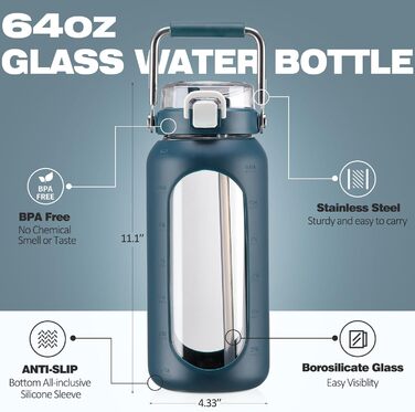 1.9L Glass Water Bottle, Glass Drinking Bottle with Straw and Stainless Steel Handle, Motivational Water Bottle with Silicone Sleeve and Time Marker, Water Pitch, Dark Blue