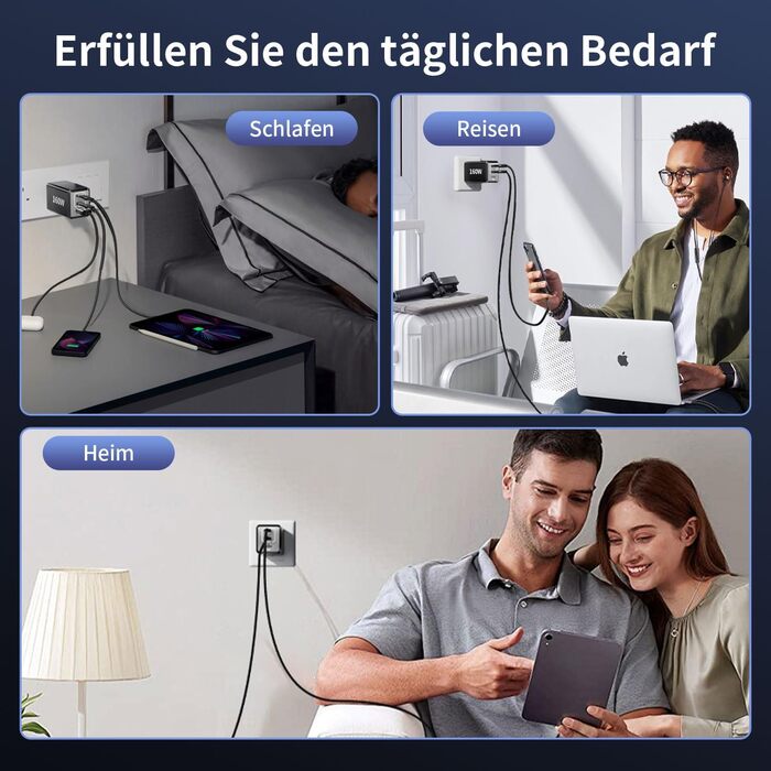 Зарядний пристрій USB-C 160W GaN: Швидка зарядка PPS, 3 порти для MacBook Pro/Air, iPad, iPhone 16/15/14 - Чорний