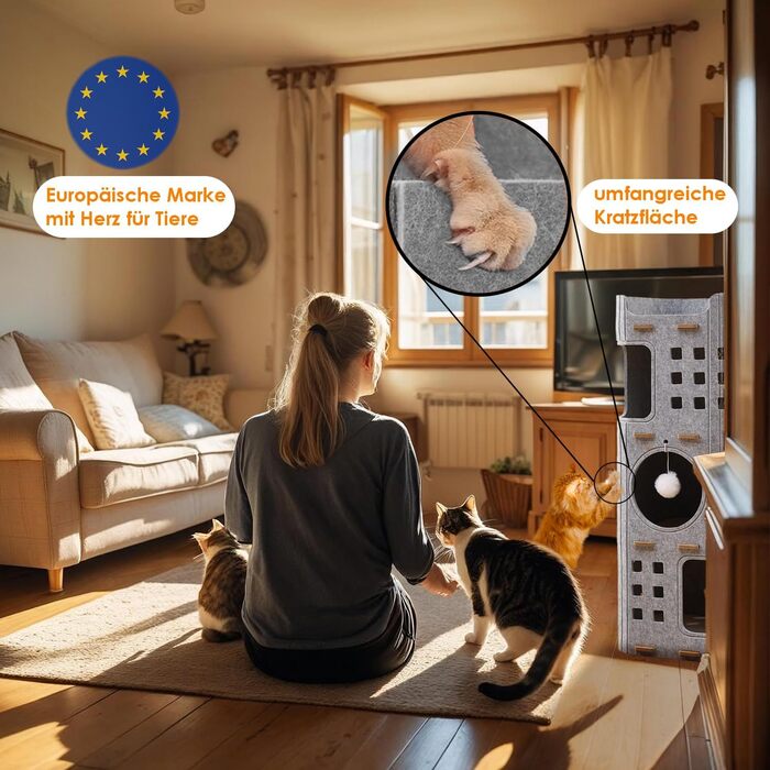 Котяча кігтеточка преміум-класу з 4 ярусами та 3 будиночками, філц, 90 см, зелений (сірий), 35x35x90 см