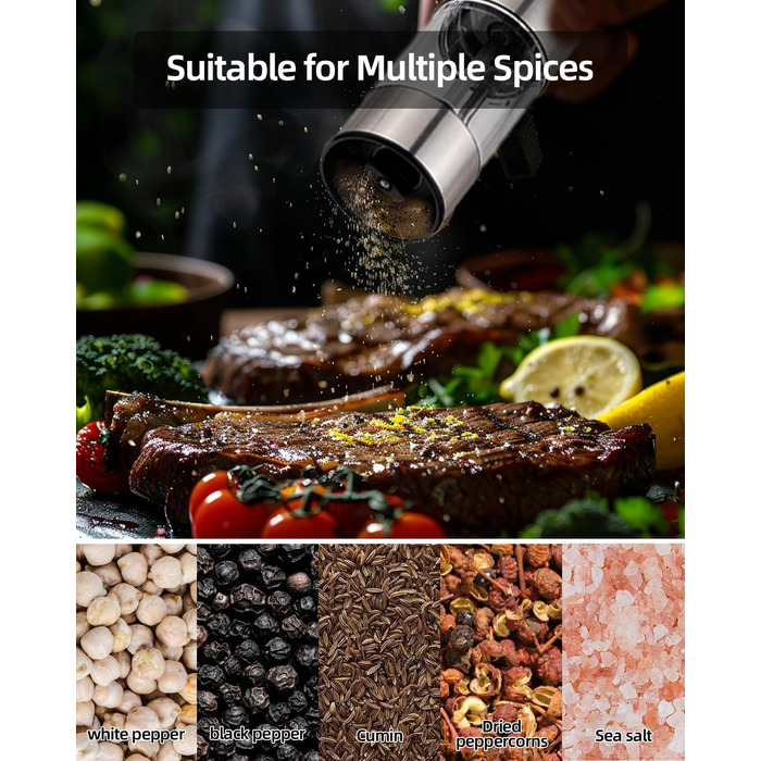 Електричний набір для солі та перцю з зарядною станцією, об'єм 110 мл, перезаряджувана солянка з 5 рівнями, керамічна млинка з щіткою (2 шт.)