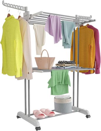 Foldable Stainless Steel Clothes Rack with Wheels, Portable, for Indoor and Outdoor Use, White/Gray (Light Gray)