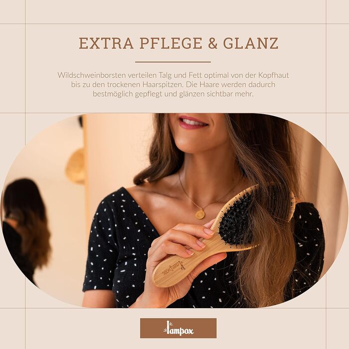 Бамбукова щітка для волосся з щетиною дикого кабана Lampox, масажна щітка для голови, розплутування волосся для жінок, чоловіків та дітей (овальна)