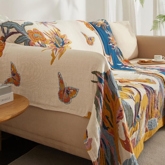 Богемна ковдра Softexly Boho Decke 100% бавовна – двостороння муслінова ковдра 150x200 см, м'яка софа та ковдра на ліжко, естетичний дизайн, ідеально підходить для вітальні та спальні, Orange/Grün Blütentraum (230 x 250 см, Sommertanz)
