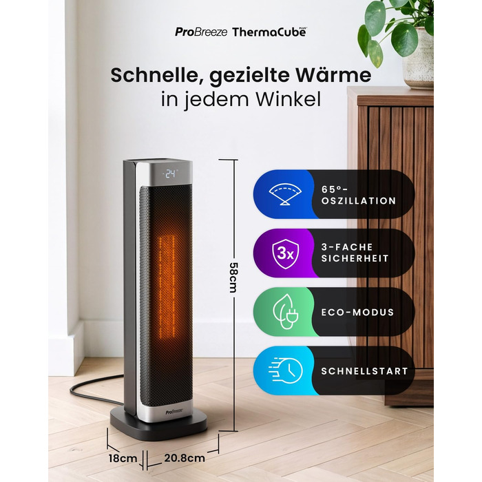 Керамічний тепловентилятор-тумба Pro Breeze ThermaCube Plus 2200W з термостатом, дистанційним керуванням та функцією обертання 65°, Eco-режим, захист від перекидання