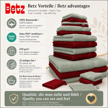 Набір рушників Betz Premium 12 предметів, 100% бавовна, Oeko-TEX, 470 г/м², колір сіно-зелений/ялиновий (2 банні, 4 ручні, 2 гігієнічні, 2 для мила, 2 рукавички)