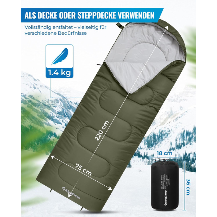 Сплячий мішок KingCamp Oasis для кемпінгу, 3-4 сезони, водовідштовхувальний, легкий, для дітей та дорослих, з можливістю з'єднання, для подорожей та активного відпочинку, оливковий, Zip 220×75 см
