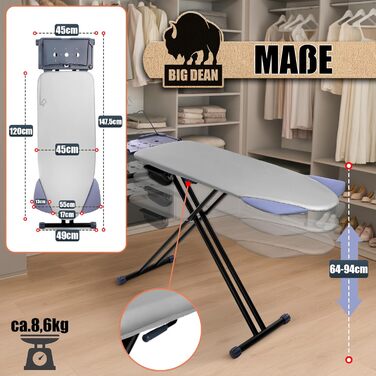 Прасувальна дошка BigDean XXL (120x45 см) з регулюванням висоти та підвішуванням для плечей - стабільна, для парогенераторів та прасок