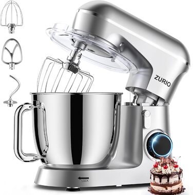 Stand Mixer 1300W Zurio 5.5L Stand Mixer/Kneader 10-Speed Robot Kneader with Quiet Dough Function, with Accessories Dough Hook, Whisk, Kneader Silver