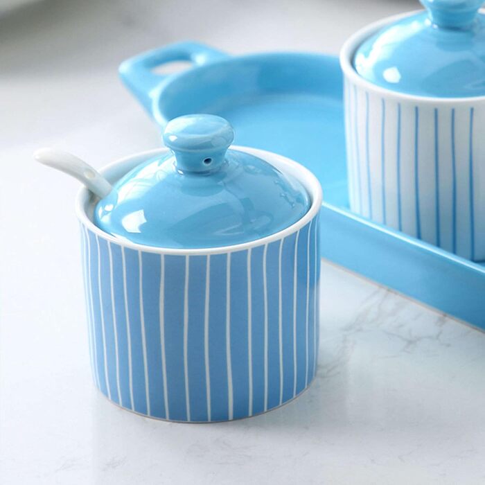 ZHIDAISHI Ceramic Sugar Bowl with Spice Jars, Blue Sugar Bowl with Lid, Sugar Storage Jar, Sugar Pot, Sugar Container, Spice Jar, Sugar Salt Pot, Seasoning Canister