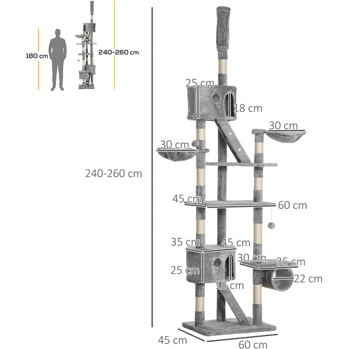 Когтеточка PawHut для котів, 240-260 см, багатоповерхова, з гамаком, платформами, сизальними стовпами та м'якими іграшками (сірий)