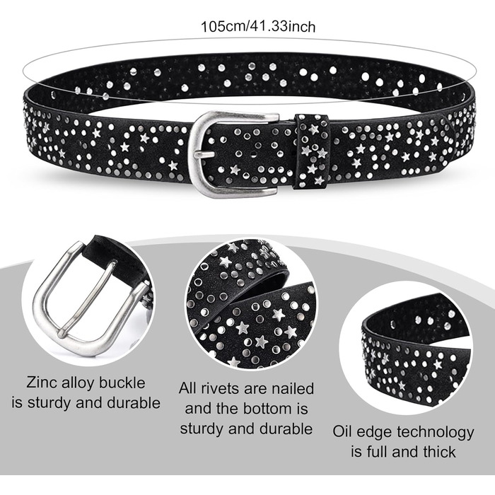 Жіночий шкіряний ремінь 110 см з зірковими заклепками, ширина 3.8 см, для джинсів, суконь, штанів та шортів, регульований, вінтажний, з металевою пряжкою, чорний