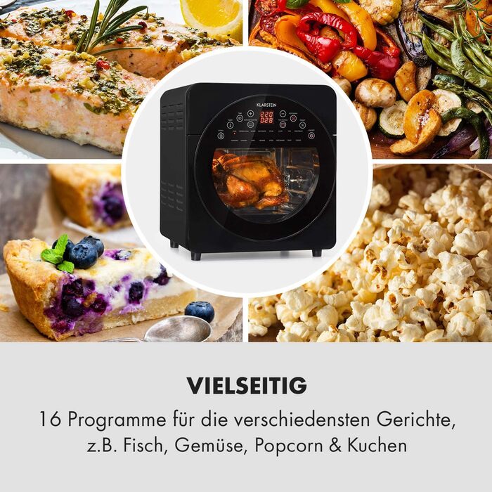 Klarstein AeroVital easy touch Hot Air Fryer - 1700 W Hot Air Fryer, Air Fryer with XXL Volume: 14 Liters, 16 Programs, Cool touch housing, 60 min Timer, 8 h Drying Function, black