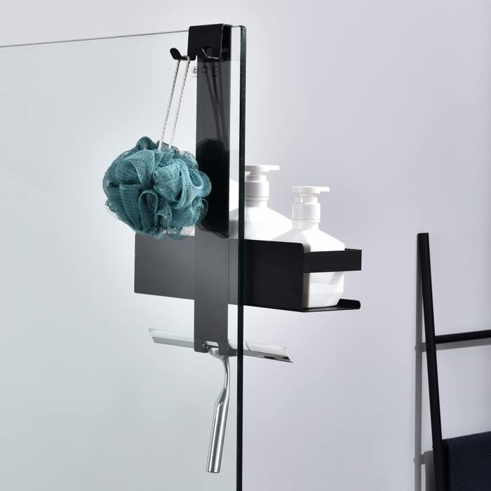 HomeHeng Shower Shelf for Hanging, Stainless Steel Shower Basket Shelf, Matte Black Shower Shelf Shampoo Holder with Hooks for Glass Shower Enclosure, H30MB-1DH