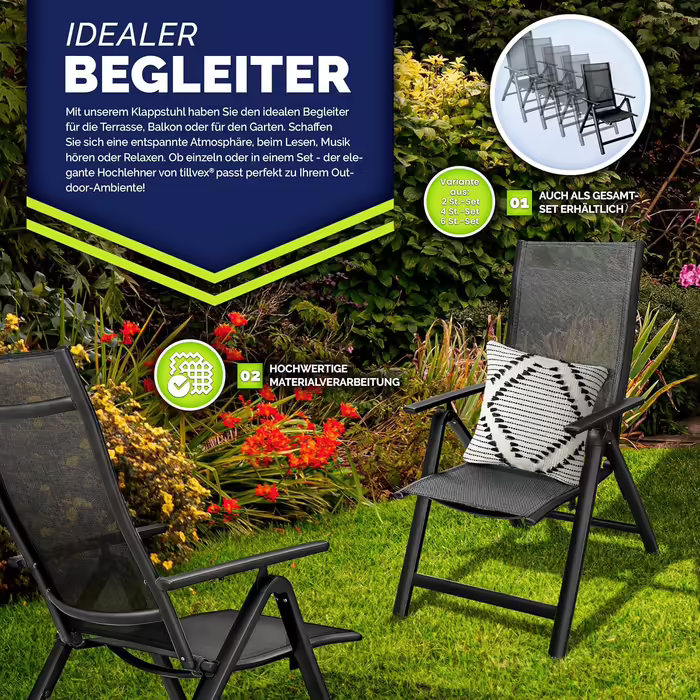 tillvex Premium Garden Chair 1 Piece Folding Aluminum | High Back with Armrests | Adjustable Folding Chair | Folding Armchair Balcony Garden Terrace 1 Piece (Black, 2 Pieces)