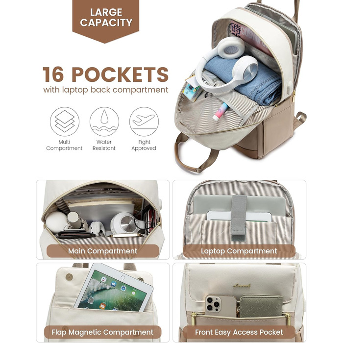 LOVEVOOK Рюкзак для жінок, 15.6 дюймів, рюкзак для школи, підліток, дівчина з відділенням для ноутбука, водонепроникний, міський, туристичний, щоденний, елегантний рюкзак для подорожей, школи, роботи (15.6 дюймів, Бежево-оливковий)