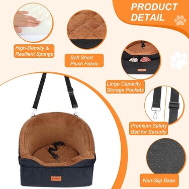 Elevated Dog Car Seat - Washable & Removable for Small & Medium Dogs (Up to 13.6KG) with Storage Pockets & Safety Belt - Black & Brown