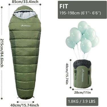 Сплячий мішок BISINNA Mumienschlafsack -10°C - 5°C [400GSM] для чотирьох сезонів, дорослий, водовідштовхувальний, YKK Zip, для відпочинку на природі, кемпінгу, трекінгу та подорожей (зелений)