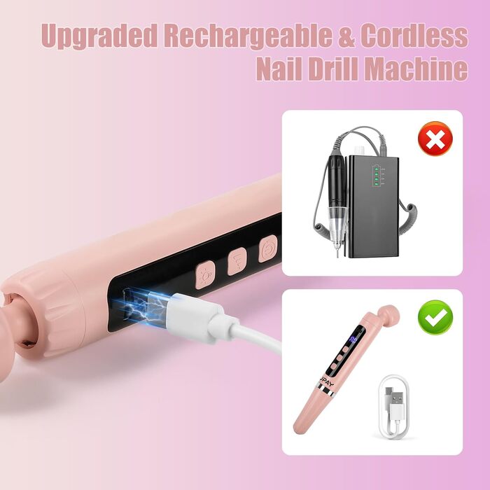 Електричний фрезер для нігтів бездротовий, професійний для гелю, акрилу та акрилу-гелю. Набір для манікюру та педикюру з LED-лампою, 5 швидкостей, для початківців