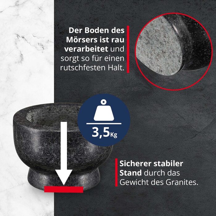 Гранітний ступка з толуштою Meisterkoch XXL для спецій, 3,5 кг, 15 см Ø, 450 мл, чорний колір