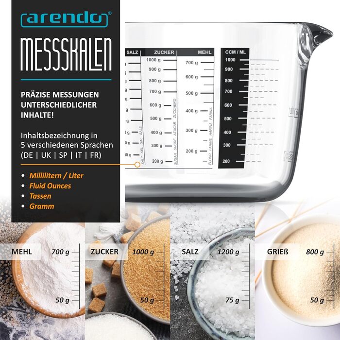 Arendo - Borosilicate Glass Measuring Cup Set - Sizes 1000ml, 500ml, 250ml (1l, 0.5l, 0.250l) – Glass Measuring Jug, Pitcher – Precise Scale – Heat Resistant – Microwave Safe – Kitchen Measuring Cup