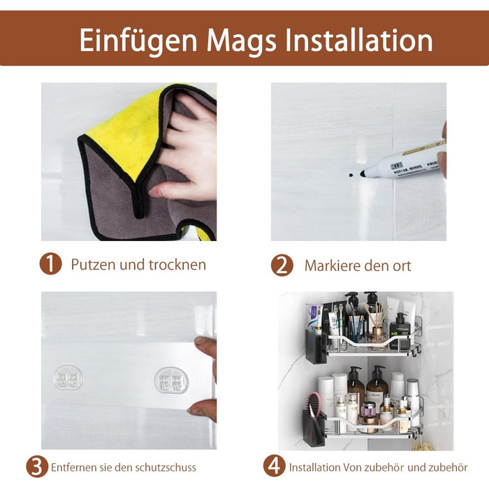 Поличка для душу без свердління, кутова, 2 шт. Органайзер для ванної кімнати з 4 гачками, чорний. Аксесуар для душу, тримач для шампуню. (B-silver)