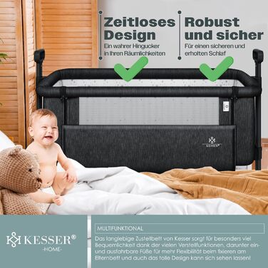 KESSER® Hubi 3in1 Delivery Bed, Baby Bedside Bed, Travel Bed, Baby Bed with Soft Mattress, Mobile Bed with Wheels, 5-Level Height Adjustment, Foldable Side Rail for Home and On the Go, Beige