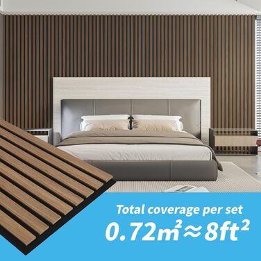 Акустичні панелі Art3d Темний горіх, 3D стінові панелі для звукоізоляції офісу, студії та вітальні, шпоноване дерево з фетровою основою, 60x30 см (набір 4 шт, 0.72 м²)