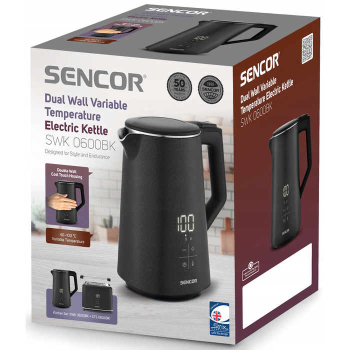 Електричний чайник Sencor SWK0600, 2200 Вт, 1.7 л, з регулюванням температури, чорний