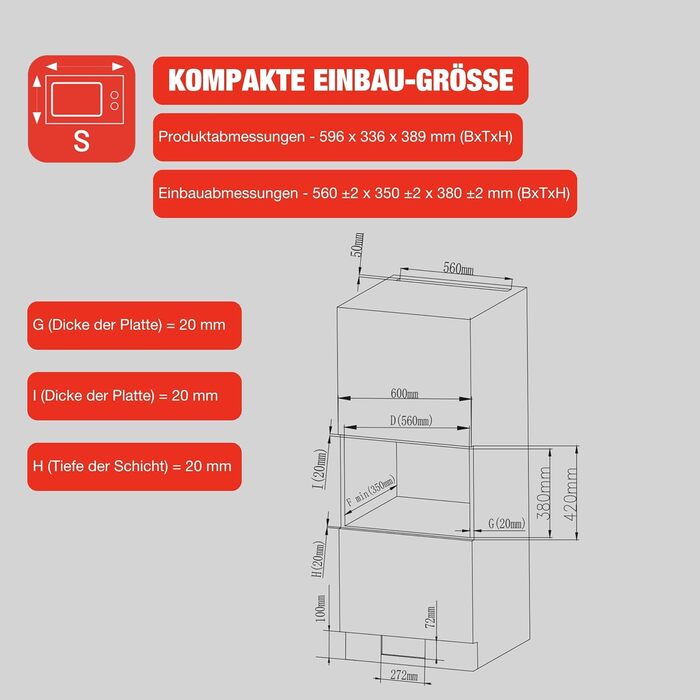Вбудована мікрохвильова піч Telefunken з грилем, 20 л, чорна, 8 автоменю, 800 Вт, 5 рівнів потужності