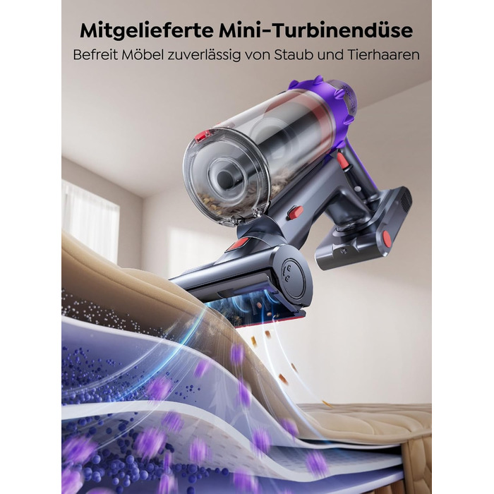 SMOTURE Бездротовий акумуляторний пилосос 50 000 Па, 65 хв роботи, міні-турбонасадка, самостійна парковка, антизаплутана щітка, док-станція на стіні, для шерсті тварин/килимів/твердих поверхонь/автомобіля, модель: VAC02, темно-фіолетовий