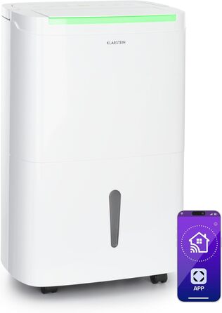 Електричний осушувач повітря Klarstein DryFy Connect 50L: 50 л/24 год, WiFi, Alexa, 7 л бак, таймер, для приміщень 45-55 м²