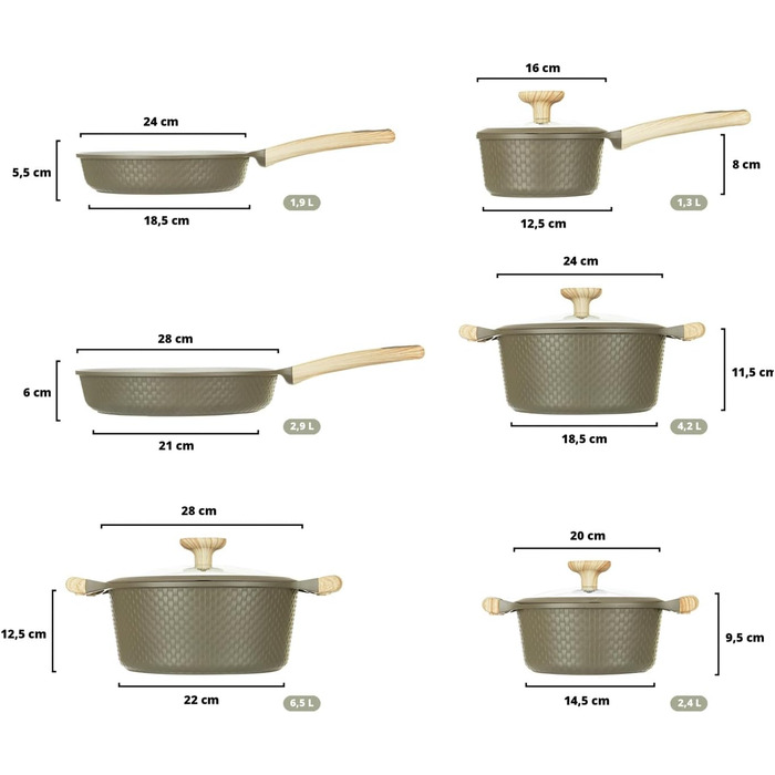 Набір посуду KASANOVA Bambù з антипригарним покриттям, 10 предметів, індукція, скляні кришки (Зелений та Кремовий)