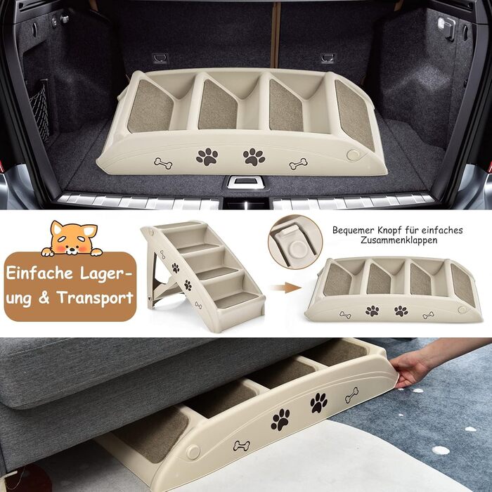 Сходинка для тварин GYMAX з 4 сходинками, розкладні сходи для собак і котів з антиковзкими підкладками, 4 килимки та трикутна структура (Бежевий)