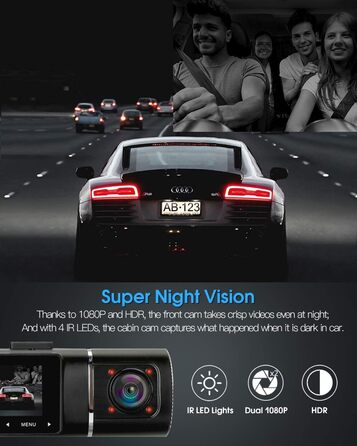 Dashcam Abask J05: Автомобільна камера 1080P з SD 32GB, 310° кут огляду, Park Watch, HDR, Інфрачервоне нічне бачення, G-сенсор, Loop Recording
