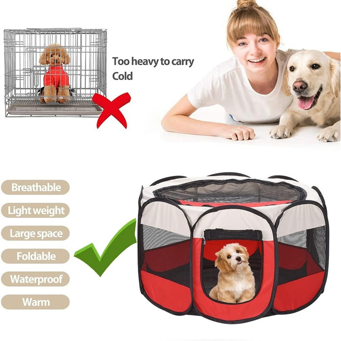 Клітка-манеж для тварин XhuangTech: собаки, коти, цуценята, 80x80x58.4 см, м'який матеріал, портативна, складна, для дому та вулиці, бежево-червона